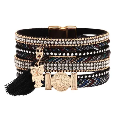 Produktbild von Lederarmband Damen, Mehrschichtiges Armbänder Leder mit Magnetschnalle, Boho Wickelarmband, Schwarz