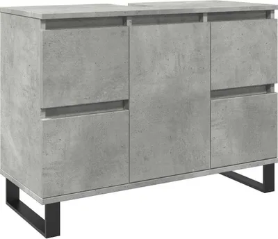 A standalone image of a bathroom vanity cabinet with a concrete-like finish and black metal legs.