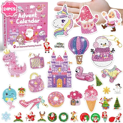 Adventskalender mit Weihnachtsbaum-Ornamenten, 24 Stück, rosa