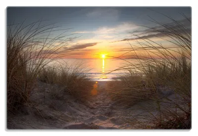 Produktbild von Wallario Frühstücksbrettchen aus Glas 20 x 30 cm mit rutschfesten Füßen, Motiv Sonnenuntergang am Strand