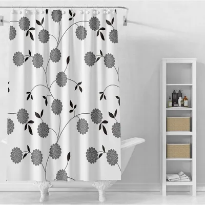 Productafbeelding van Aqualine douchegordijn, 180x180 cm, wit, met zwarte bloemen