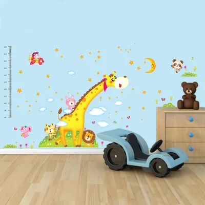 Produktbild von Wandaufkleber, dekorative selbstklebende Höhenmesslatte, Giraffe und afrikanische Tiere