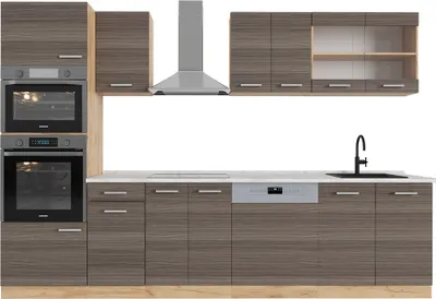 Produktbild von Küchenzeile Vicco R-Line Edelgrau/Goldkraft Eiche 300 cm mit Hochschrank, AP Marmor, Model 53997