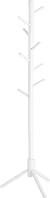 A white coat rack with a tree-like design and a tripod base.