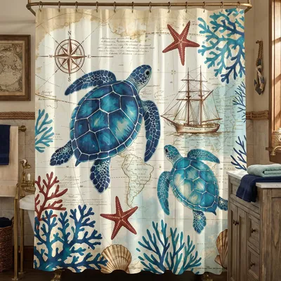 Image de Rideau de douche - Motif : mer - Pour baignoire - Bleu - 180 x 200 cm