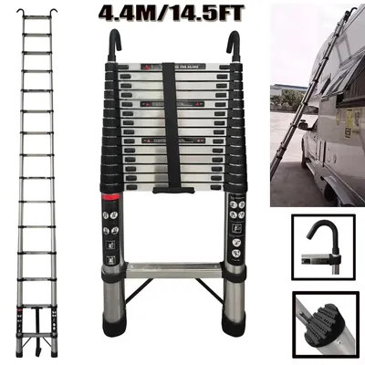 Immagine prodotto di Scala telescopica - Scala per uso domestico - 4,4 m - 2 ganci - Acciaio inossidabile - Antiscivolo - Portata massima: 150 kg - Argento