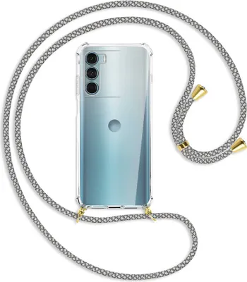 Produktbild von Handykette Backcover-Schutzhülle mit Band (Metall goldfarben) für Motorola Moto G200 5G - weiß/grau kariert