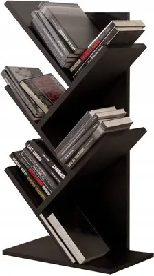 A black tree-shaped bookshelf filled with books, shown against a white background.