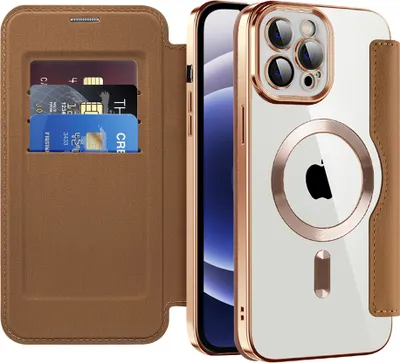 Produktbild von Klapphülle für iPhone 12 Kompatibel mit Magsafe, Klar Überzug Kartenhalter Ledertasche mit Kameraschutz Braun