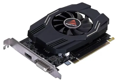 A computer graphics card with a fan and heatsink.