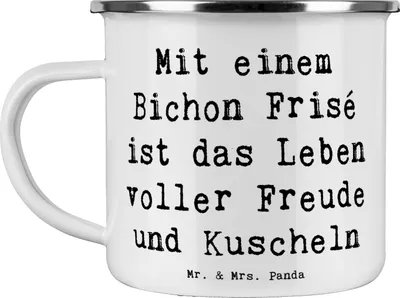 Produktbild von Mr. & Mrs. Panda Emaille Tasse Spruch Bichon Frisé Freude - Weiß - Geschenk, Hunderassen Charakter, Teetasse, Hunderasse, Zuneigung, metallbecher, Hundeliebhaber, Pott
