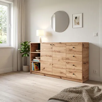 Produktbild von Masseno Kommode NATURIO 160 cm Sideboard mit 4 Schubladen und 3 Türen für Wohnzimmer Schlafzimmer Modern 160x40x87 cm Eiche Artisan