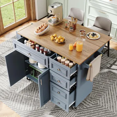 Immagine prodotto di Carrello da cucina con piano di lavoro pieghevole, carrello di servizio con ruote e portasciugamani, 4 cassetti, 2 ante, colore blu, dimensioni 110x45-75x92 cm