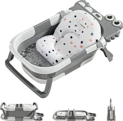 Image de Baignoire pour bébé - Baignoire pliable - Coussin de bain antidérapant - Siège de bain - Thermomètre de bain - Pour les enfants de 25 à 36 mois - Gris