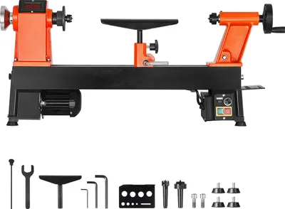 A wood lathe and its accessories are displayed against a white background.