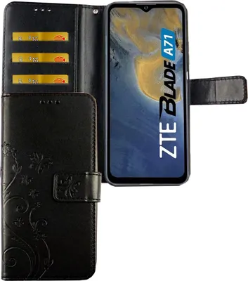 Zdjęcie produktu dla Etui na telefon komórkowy ZTE Blade A71 z klapką i kieszenią na kartę, kolor: czarny w kwiaty