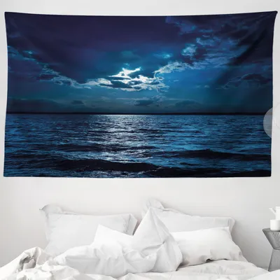 Produktbild von ABAKUHAUS Nacht Wandteppich, Dramatischer Himmel Mond Ozean aus Weiches Mikrofaser Stoff Waschbar ohne Verblassen Digitaldruck, 230 x 140 cm, Dunkelblau Weiß