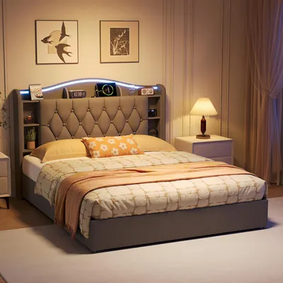 Productafbeelding van Moonbite gestoffeerd bed van 140 cm met opbergruimte en LED-verlichting, bedkist met drukveertechniek, fluweelbekleding, bed met USB-oplaadpoort, grijs