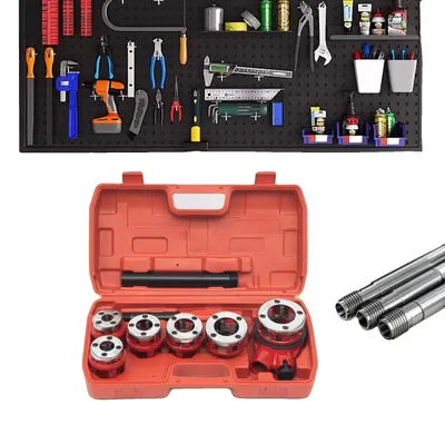 Productafbeelding van Set voor het maken van buisdraad, geschikt voor legeringen en staal, bestaande uit 6 schroefdraadgaren (van 1/4" tot 1-1/4"), met verlengde handgrepen, compact formaat, voor BSPT-schroefdraad