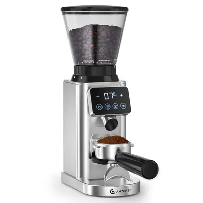 A silver and black electric coffee grinder with a hopper full of coffee beans and ground coffee in the portafilter.