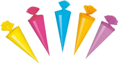 Produktbild von 5 Deko Schultüten / Länge: 20cm / Farbe: je 1x gelb,pink,hellblau,sunshine,lila