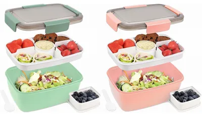 Immagine prodotto di Set di 2 contenitori per il pranzo da 2000 ml, a prova di perdite, con scomparti, contenitori per insalata da portare con sé, verde scuro + rosa
