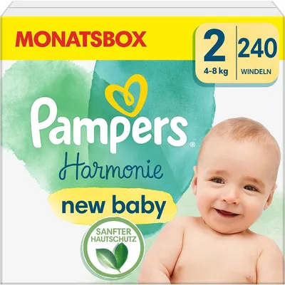 Produktbild von Pampers Harmonie Windeln Größe 2 (4–8 kg), 240 Windeln – Hypoallergen, 0% Parfüm