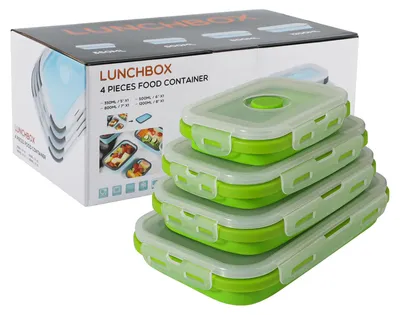 Productafbeelding van Opvouwbare siliconen opbergbox met deksel, draagbaar, ruimtebesparende bento-box, geschikt voor de magnetron, set van 4, lichtgroen