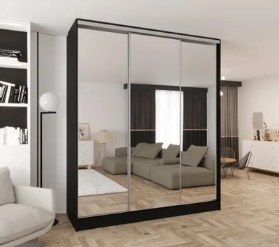 Produktbild von Schwebetürenschrank 3-türig 250x250x58 cm Schwarz mit 3 Spiegeln und 2 Schubladen – moderner Kleiderschrank für Schlafzimmer und Flur