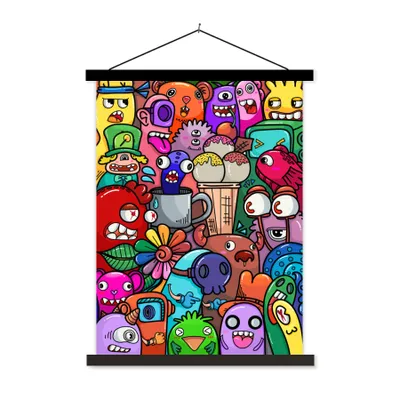 Produktbild von MuchoWow® Textilposter Muster - Monster - Regenbogen - Lustig - Abstrakt - Kinder 90x120 cm mit schwarzem Rahmen - Dekoration