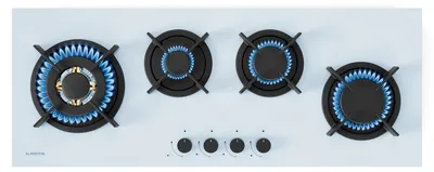 Produktbild von Klarstein Goldflame 4 Slim Gaskochfeld, 4 Messingbrenner, 3,4kW, 2,4kW, 1,8kW, 1kW, SnapJet-Zündung, Flammenausfallschutz, Flüssig- & Erdgas, Weiß, Inkl. Schlauch & Druckminderer