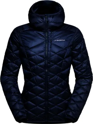 Dunkelblaue gesteppte Jacke mit Kapuze und Reißverschluss von La Sportiva