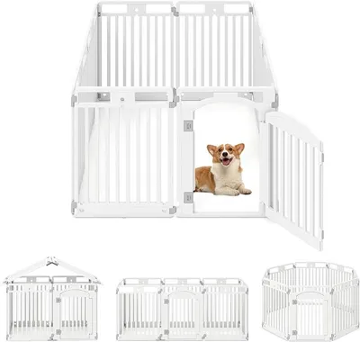 Imagen del producto de Jaula para cachorros, jaula portátil para perros plegable con puerta con cerradura y clavijas para el suelo, jaula para perros transportable y ampliable que incluye 8 paneles, jaula para perros hecha de plástico, color blanco