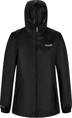 A black hooded jacket is shown from the front against a white background.