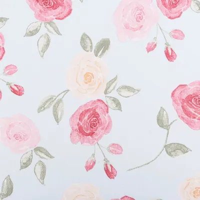 Produktbild von Dekostoff Meterware Halbpanama Romantic Floral Rose hellblau rosa 1,4m