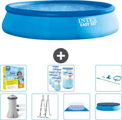 Produktbild von Intex runder aufblasbarer Easy Set-Schwimmpool – 457 x 107 cm – Blau – inklusive Pumpe – Leiter – Bodenplane – Abdeckung Wartungspaket - Filter - Reinigungskit