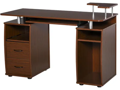 Produktbild von Moderner Computertisch aus Holz mit Schubladen, platzsparender Schreibtisch mit Bš¹cherregal, Ausziehfach und Tastaturablage, 120 x 55 x 85 cm, Braun