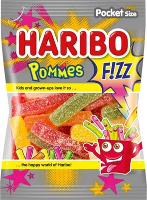 Produktbild von Haribo Pommes Saure, Gummibärchen, 100 g, Grapefruit, Zitrone, Orange, Pfirsich, Ananas, Mehrfarbig, 1434 kJ, 337 kcal
