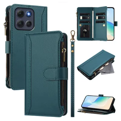 Image de Etui pour Motorola Moto G86, zippé, étui portefeuille en cuirPolyuréthaneavec pochettes pour cartes, support et dragonne, vert