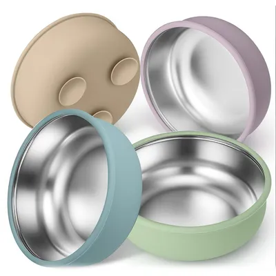 Produktbild von Baby Edelstahl Schüssel mit Saugnapf, abnehmbar Saugteller, Silikon, 304 Anti-Rutsch, Kinder Teller, 4 Farben Set Kindergeschirre
