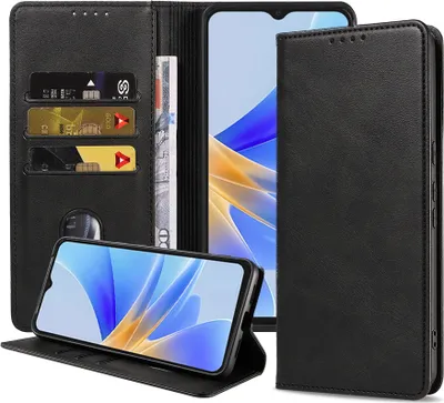 Produktbild von Smartphonica Handytasche passend für Oppo A17 Kunstledertasche mit Magnetverschluss und Kartenhalter Buchhülle mit Klappe - Schwarz