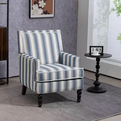 Produktbild von Sessel mit Blau-weiß Gestreiftem Leinenstoff und Nagelkopfeinfassung Akzentstuhl Loungesessel für Wohnzimmer