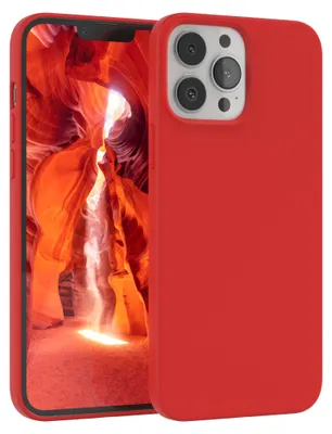 A red phone case is shown on a white background, with a colorful image displayed on the phone screen.
