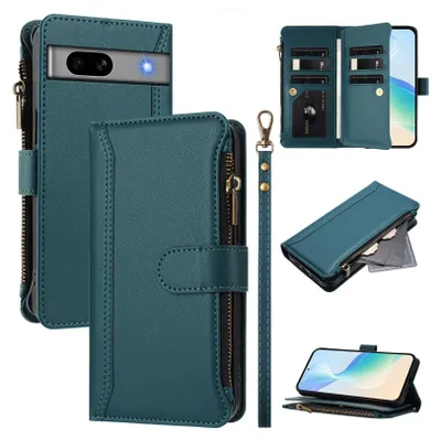 Image de Étui pour Google Pixel 7A, zippé, étui portefeuille en cuirPolyuréthaneà rabat avec poches pour cartes, support et boucle pour les mains vert