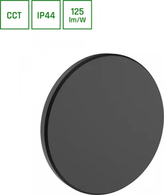 A black, circular outdoor light fixture is shown against a white background, with informational icons in the top left corner.