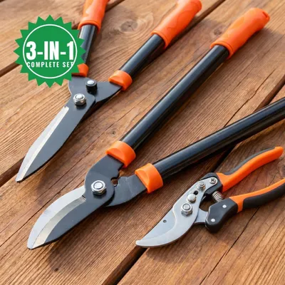 Produktbild von Gartenschere Set 3-teilig – Heckenschere, Astschere und Gartenschere mit Bypass-Klingen aus gehärtetem Stahl, rostfrei, für Hecke, Äste und Rosen