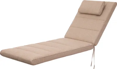 A beige chaise lounge cushion with a headrest, shown from a side angle against a white background.