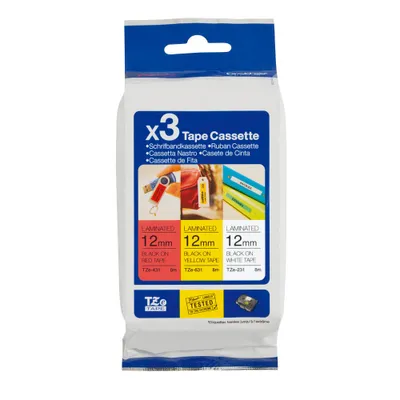 Immagine prodotto di Brother TZe 31M3 - Nastro laminato - nero su rosso, nero su bianco, nero su giallo - rotolo (1,2 cm x 8 m) - 3 rotoli - per P-Touch PT-1000, 1010, 1080, 1090, 1260, 1280, 1830, 2100, 2700, 7500, 7600, 900, E100 (TZE31M3)