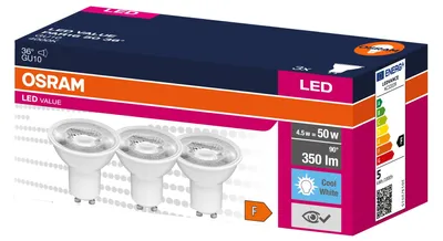 Immagine prodotto di OSRAM LED-Reflektorlampe Value, PAR16, GU10, EEK: F, 4,5 W, 350 lm, 4000 K, 3 Stück