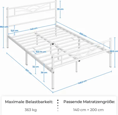 A white metal bed frame with dimensions indicated by blue lines and text.